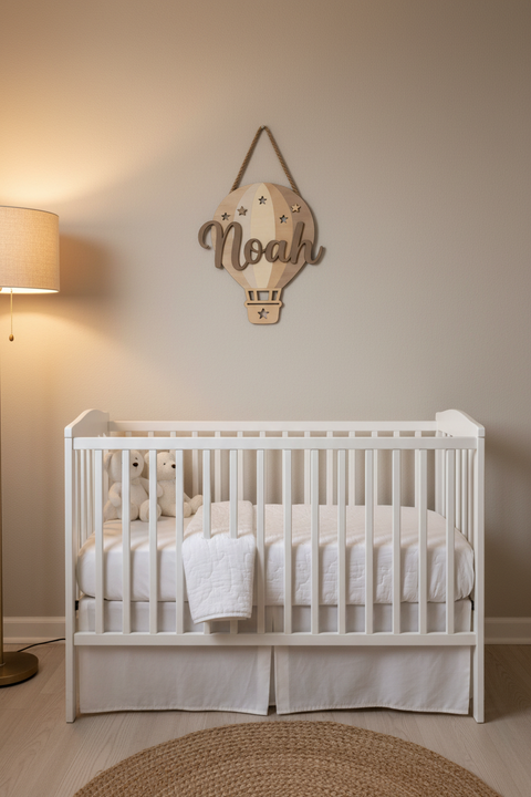 Personalized wooden hot air balloon wall hanging with the name 'Noah' in script, hanging against a textured linen background.