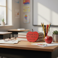 Red wooden apple-shaped sign with engraved text on a beige background