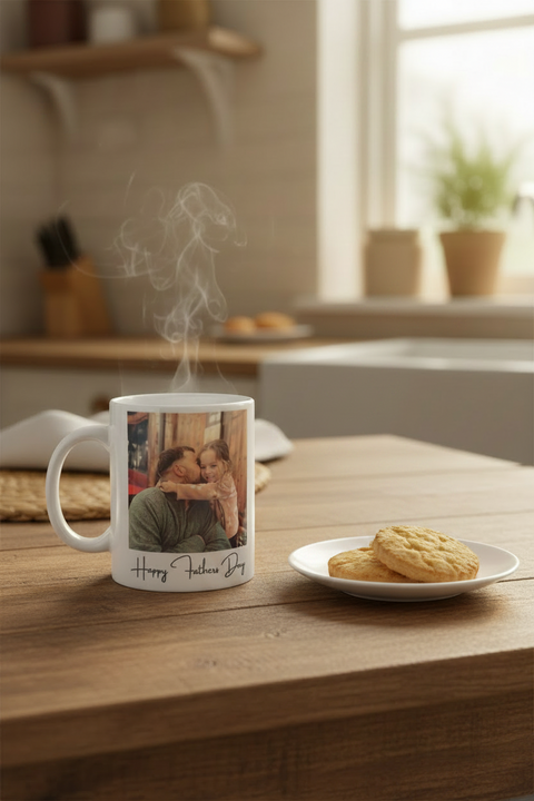 Mug with a photo of a man and child and 'Happy Father's Day' text on a white background