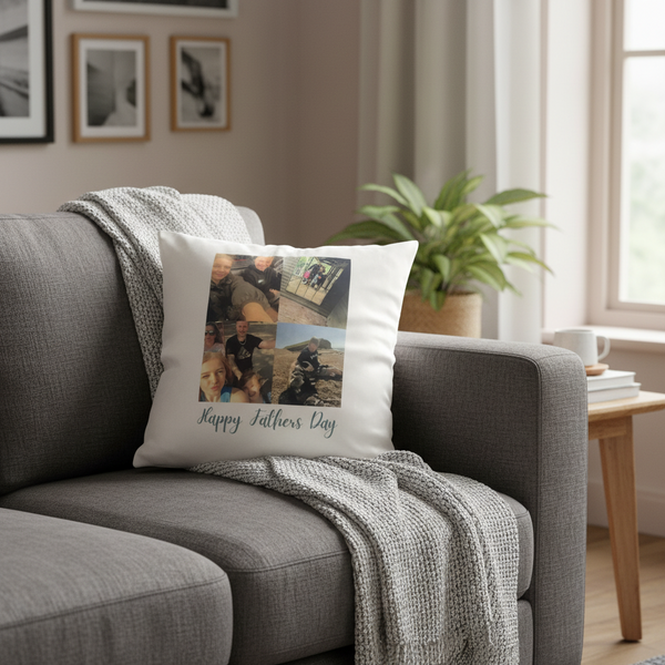 White pillow with a collage of photos and 'Happy Father's Day' text on a white background