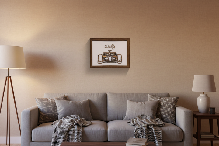 Framed artwork with a car design and 'Daddy' text on a white background