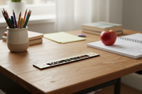 Wooden ruler with 'MRS READER' text on a white background