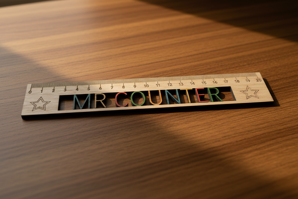 Wooden ruler with colorful letters spelling 'MR COUNTER' on a plain background